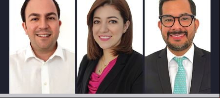 Antonio Guirola, Adriana Portillo y Kevin Vargas, socios de Lexincorp - El Salvador. La incorporación de Kevin Vargas al equipo de Litigios y arbitrajes fue la más reciente. / Diseño: Miguel Loredo - LexLatin.