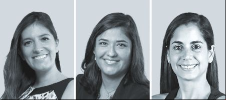 Constanza Rodríguez, de Philippi Prietocarrizosa Ferrero DU & Uría - Chile (izquierda); Luisa Godomar, de Rubio Leguía Normand (centro), y Mariana Delgado, de Rodrigo, Elías & Medrano Abogados.